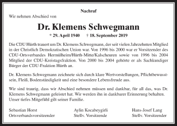 Anzeige von Klemens Schwegmann von  Wochenende 