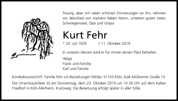 Anzeige von Kurt Fehr von Kölner Stadt-Anzeiger / Kölnische Rundschau / Express