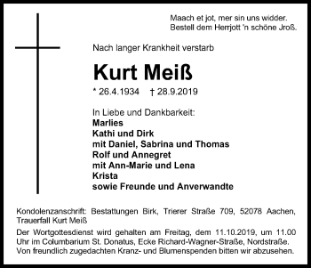 Anzeige von Kurt Meiß von Kölner Stadt-Anzeiger / Kölnische Rundschau / Express