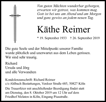 Anzeige von Käthe Reimer von Kölner Stadt-Anzeiger / Kölnische Rundschau / Express