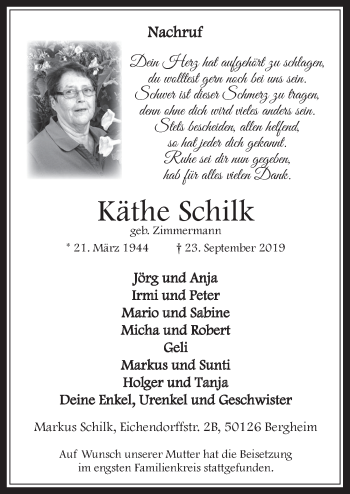 Anzeige von Käthe Schilk von  Werbepost 