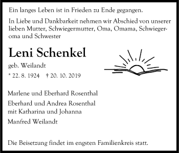 Anzeige von Leni Schenkel von Kölner Stadt-Anzeiger / Kölnische Rundschau / Express