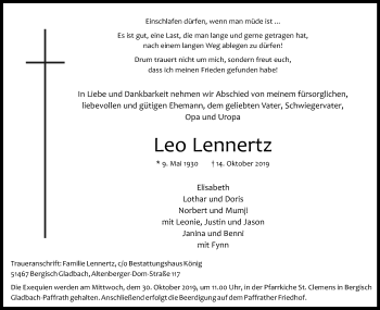 Anzeige von Leo Lennertz von Kölner Stadt-Anzeiger / Kölnische Rundschau / Express