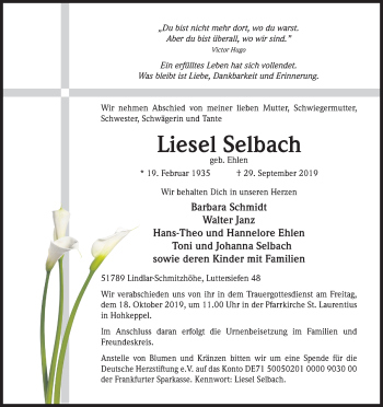 Anzeige von Liesel Selbach von Kölner Stadt-Anzeiger / Kölnische Rundschau / Express