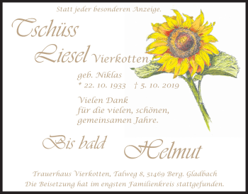 Anzeige von Liesel Vierkotten von Kölner Stadt-Anzeiger / Kölnische Rundschau / Express