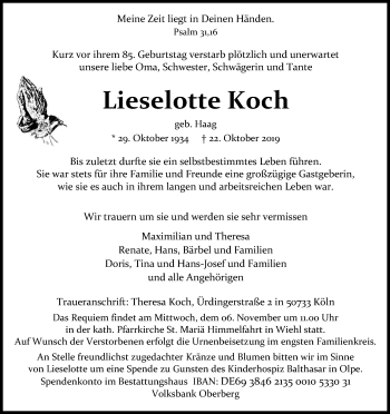 Anzeige von Lieselotte Koch von Kölner Stadt-Anzeiger / Kölnische Rundschau / Express