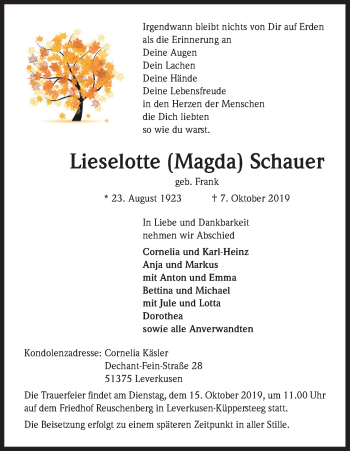 Anzeige von Lieselotte Schauer von Kölner Stadt-Anzeiger / Kölnische Rundschau / Express