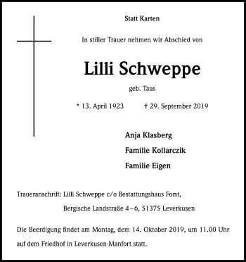 Anzeige von Lilli Schweppe von Kölner Stadt-Anzeiger / Kölnische Rundschau / Express