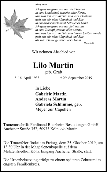 Anzeige von Lilo Martin von Kölner Stadt-Anzeiger / Kölnische Rundschau / Express