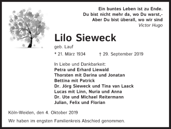 Anzeige von Lilo Sieweck von Kölner Stadt-Anzeiger / Kölnische Rundschau / Express