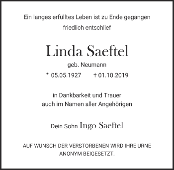Anzeige von Linda Saeftel von  Kölner Wochenspiegel 