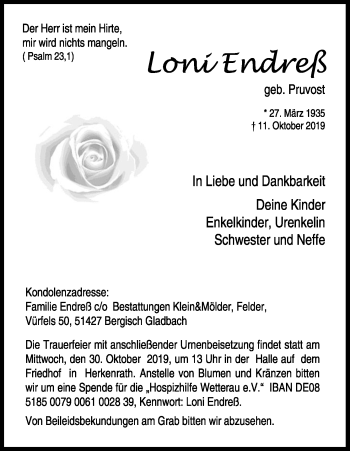 Anzeige von Loni Endreß von Kölner Stadt-Anzeiger / Kölnische Rundschau / Express