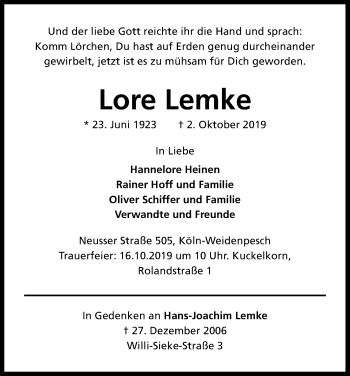 Anzeige von Lore Lemke von Kölner Stadt-Anzeiger / Kölnische Rundschau / Express