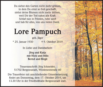 Anzeige von Lore Pampuch von Kölner Stadt-Anzeiger / Kölnische Rundschau / Express
