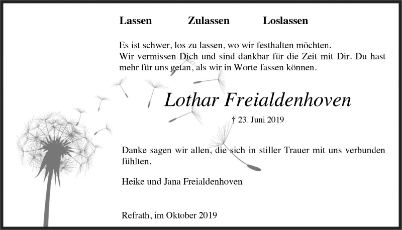  Traueranzeige für Lothar Freialdenhoven vom 02.10.2019 aus  Bergisches Handelsblatt 