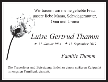 Anzeige von Luise Gertrud Thamm von  Wochenende 