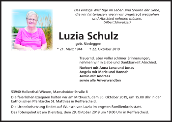 Anzeige von Luzia Schulz von Kölner Stadt-Anzeiger / Kölnische Rundschau / Express
