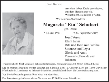 Anzeige von Magareta Schubert von  Werbepost 