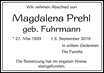 Anzeige von Magdalena Prehl von  Sonntags-Post 