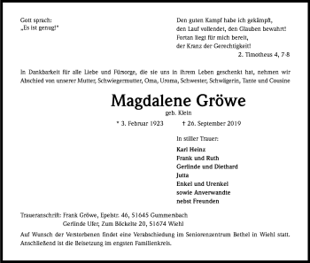 Anzeige von Magdalene Gröwe von Kölner Stadt-Anzeiger / Kölnische Rundschau / Express