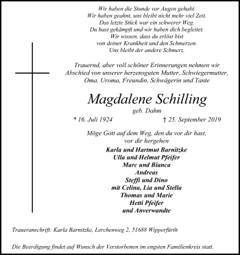 Anzeige von Magdalene Schilling von Kölner Stadt-Anzeiger / Kölnische Rundschau / Express