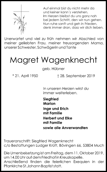 Anzeige von Magret Wagenknecht von Kölner Stadt-Anzeiger / Kölnische Rundschau / Express