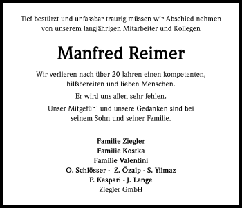 Anzeige von Manfred Reimer von Kölner Stadt-Anzeiger / Kölnische Rundschau / Express
