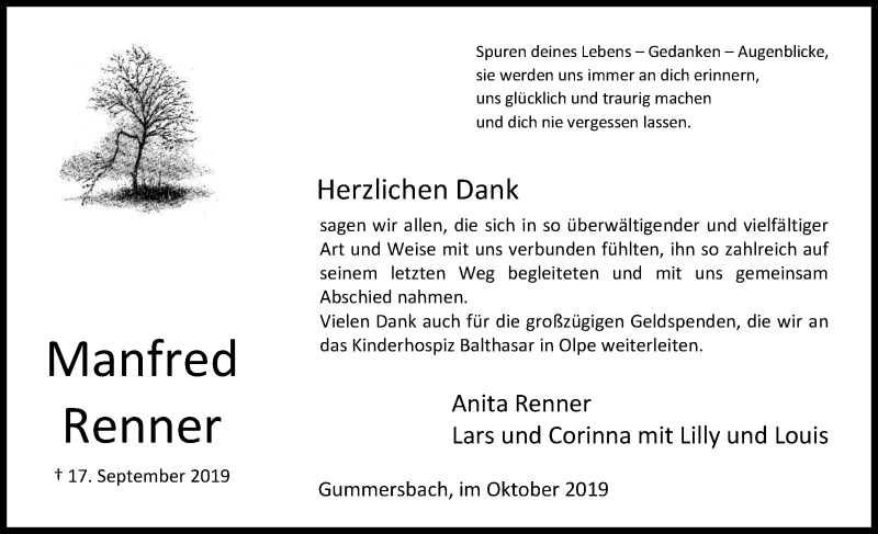  Traueranzeige für Manfred Renner vom 30.10.2019 aus  Anzeigen Echo 