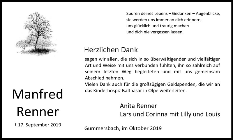  Traueranzeige für Manfred Renner vom 30.10.2019 aus Kölner Stadt-Anzeiger / Kölnische Rundschau / Express
