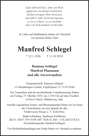 Anzeige von Manfred Schlegel von  Kölner Wochenspiegel 