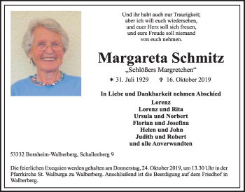 Anzeige von Margareta Schmitz von  Schlossbote/Werbekurier 