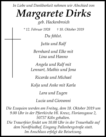Anzeige von Margarete Dirks von Kölner Stadt-Anzeiger / Kölnische Rundschau / Express
