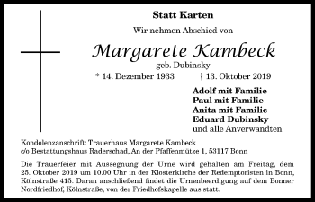 Anzeige von Margarete Kambeck von Kölner Stadt-Anzeiger / Kölnische Rundschau / Express