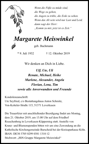 Anzeige von Margarete Meiswinkel von Kölner Stadt-Anzeiger / Kölnische Rundschau / Express