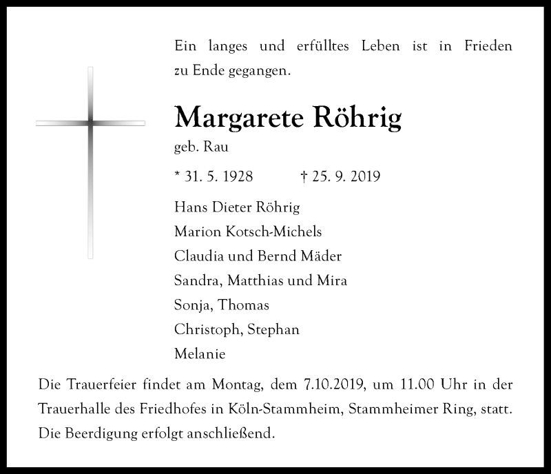  Traueranzeige für Margarete Röhrig vom 03.10.2019 aus Kölner Stadt-Anzeiger / Kölnische Rundschau / Express