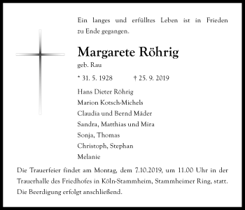 Anzeige von Margarete Röhrig von Kölner Stadt-Anzeiger / Kölnische Rundschau / Express