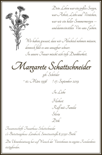 Anzeige von Margarete Schattschneider von  Schlossbote/Werbekurier 