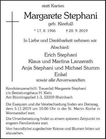 Anzeige von Margarete Stephani von  Schaufenster/Blickpunkt 