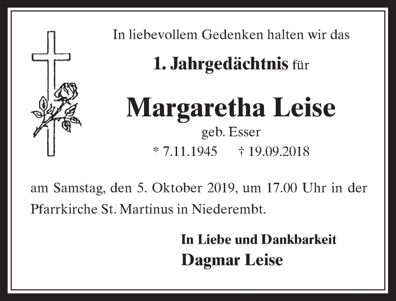  Traueranzeige für Margaretha Leise vom 02.10.2019 aus  Werbepost 