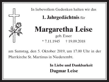 Anzeige von Margaretha Leise von  Werbepost 