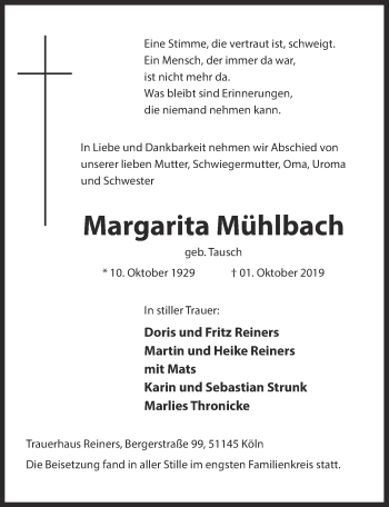 Anzeige von Margarita Mühlbach von  Kölner Wochenspiegel 