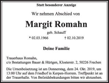 Anzeige von Margit Romahn von  Sonntags-Post 