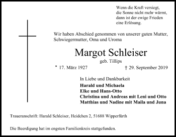 Anzeige von Margot Schleiser von Kölner Stadt-Anzeiger / Kölnische Rundschau / Express