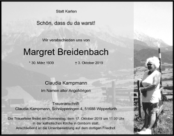 Anzeige von Margret Breidenbach von Kölner Stadt-Anzeiger / Kölnische Rundschau / Express