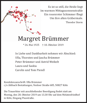 Anzeige von Margret Brümmer von Kölner Stadt-Anzeiger / Kölnische Rundschau / Express