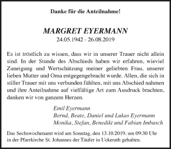 Anzeige von Margret Eyermann von  Rhein-Sieg-Wochenende 