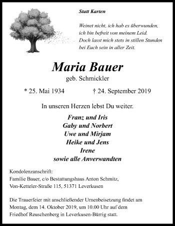Anzeige von Maria Bauer von Kölner Stadt-Anzeiger / Kölnische Rundschau / Express