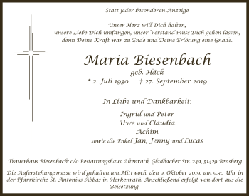 Anzeige von Maria Biesenbach von  Bergisches Handelsblatt 
