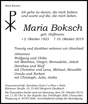 Anzeige von Maria Boksch von Kölner Stadt-Anzeiger / Kölnische Rundschau / Express