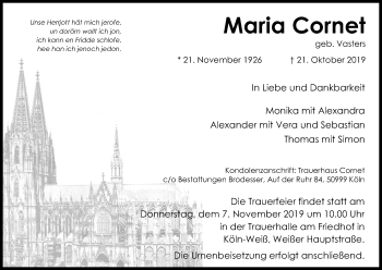 Anzeige von Maria Cornet von Kölner Stadt-Anzeiger / Kölnische Rundschau / Express